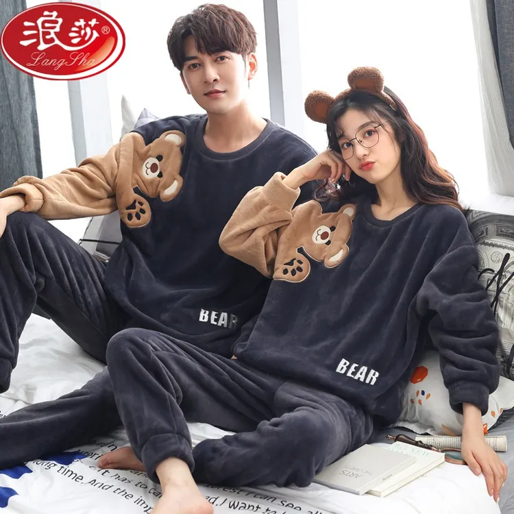 浪莎秋冬季情侣睡衣珊瑚绒加厚加绒卡通保暖男女法兰绒家居服套装