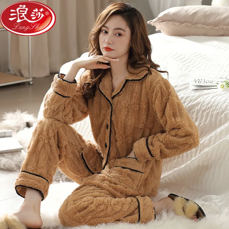 浪莎士睡衣冬季高级感珊瑚绒保暖休闲加厚法兰绒可外穿翻领家居服