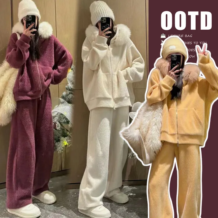 孕妇时尚毛绒卫衣高级感秋冬宽松显瘦连帽毛领外套阔腿长裤两件套