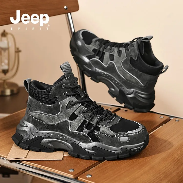 吉普官方正品潮鞋轻便2024加绒男士跑步老爹鞋百搭黑色休闲鞋男鞋