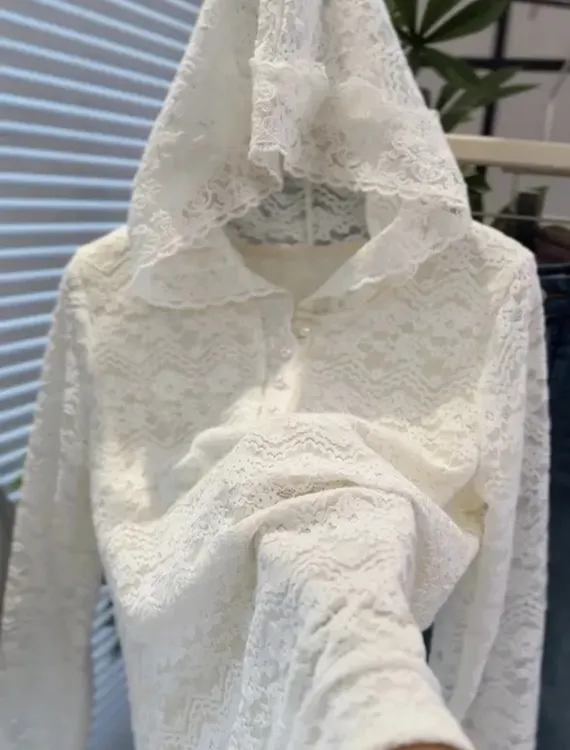 高级感拼接蕾丝花边连帽针织衫女2025新款时尚休闲叠穿加绒小帽衫商品图