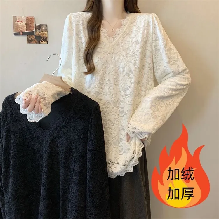 法式重工提花V领蕾丝衫女2025秋冬加绒大码胖mm遮肚子打底衫