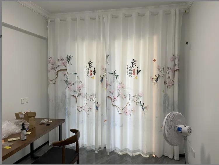 新中式山水画印花窗纱透光不透人成品客厅阳台可单挂数码5D印花纱