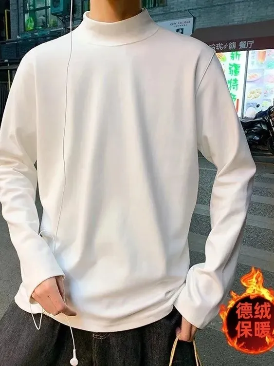 半高领双面德绒打底衫长袖t恤男2024保暖加绒潮流秋冬季简约内搭