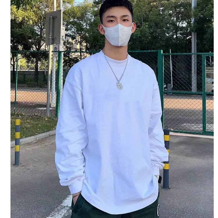 美式小领口长袖宽松纯色260克重磅纯棉休闲百搭港风男女情侣T恤衫