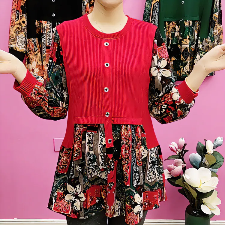 时尚新款洋气显瘦拼接雪纺衫碎花款圆领长袖气质妈妈遮肚装连衣裙