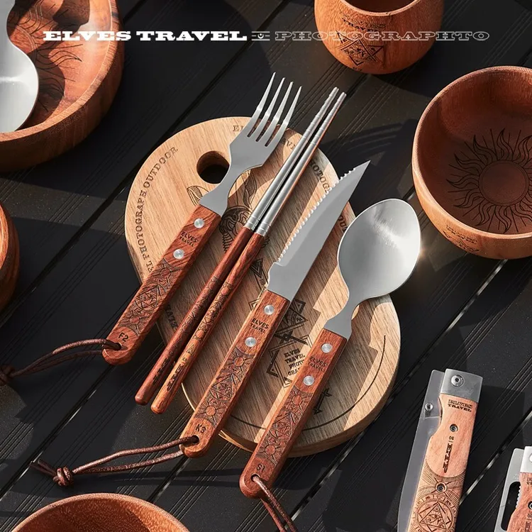 ETP精灵户外野营不锈钢餐具实木质刀叉勺筷子便携式旅行露营套装
