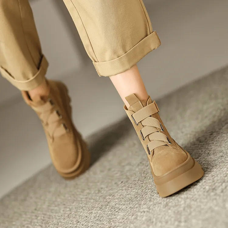 34-39码|6.5cm跟高|黑/杏|夏甜甜圆头粗跟厚底时尚百搭户外靴短靴