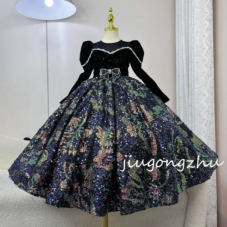 【紫月星河】女童主持人晚礼服演出服黑色亮片高端定制儿童礼服走秀