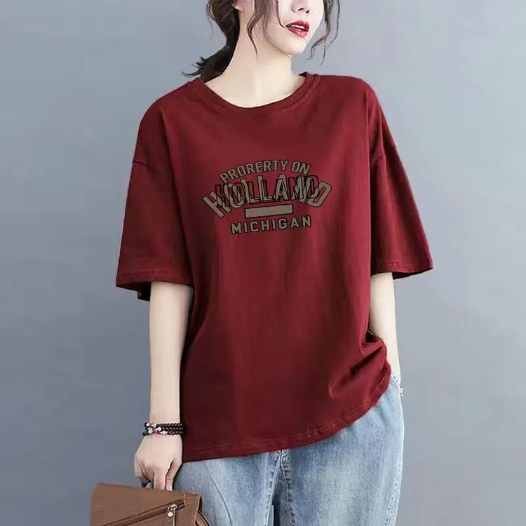 100%纯棉短袖t恤女2025新款爆款简约时尚宽松版大码显瘦休闲上衣
