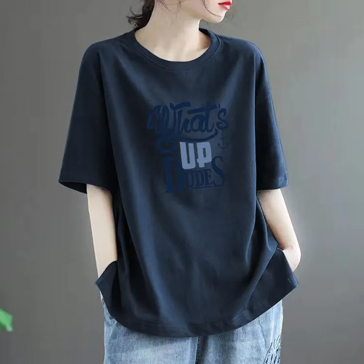 100%纯棉夏季新款大码宽松显瘦休闲百搭日常款圆领印花短袖ins