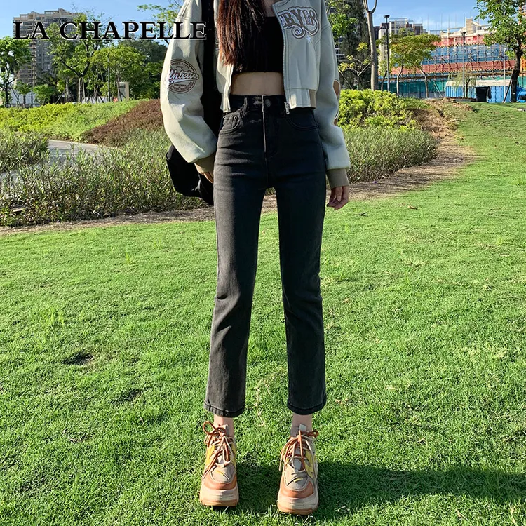 拉夏贝尔黑灰色烟管牛仔裤女款爆款2025新款秋冬显瘦九分法棍裤子