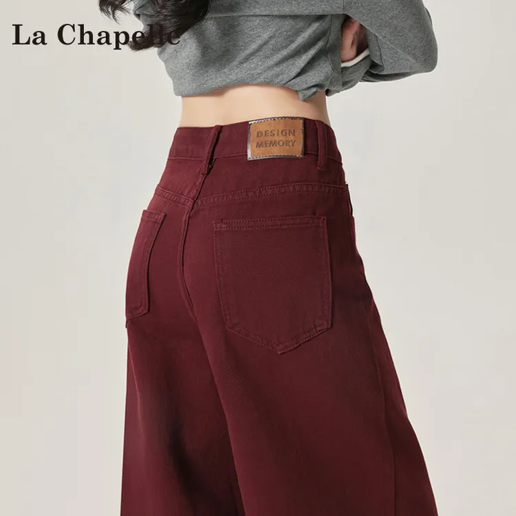 拉夏贝尔安哥拉红宽松阔腿牛仔裤女2025秋冬新款高腰显瘦直筒裤子