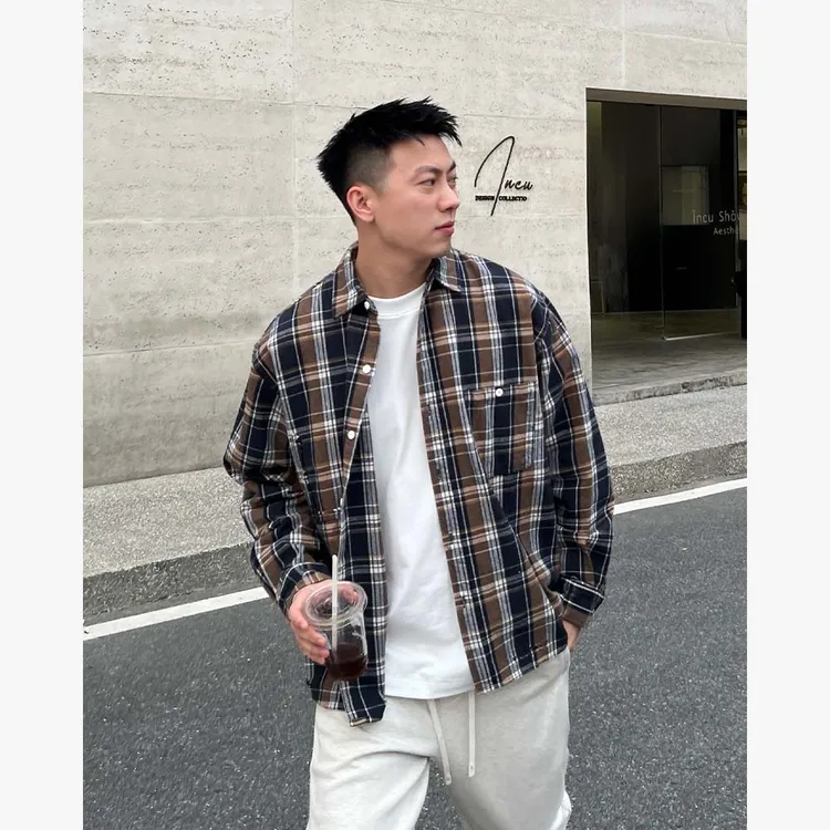 YIHAO STUDIO秋季男款格子衬衫美式宽松复古经典男款长袖衬衣