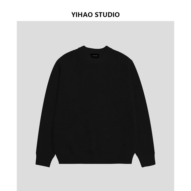 YIHAO STUDIO秋冬新品男款华夫格加厚毛衣休闲宽松百搭圆领针织衫