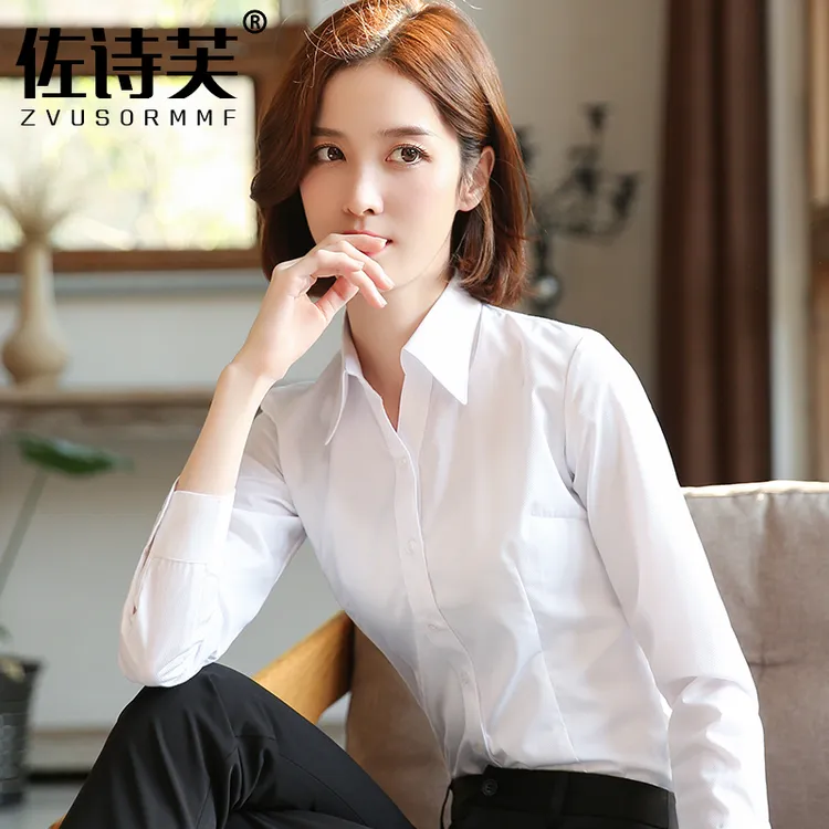 白衬衫女长袖职业工装修身上班面试2023新款正装工作服V领衬衣