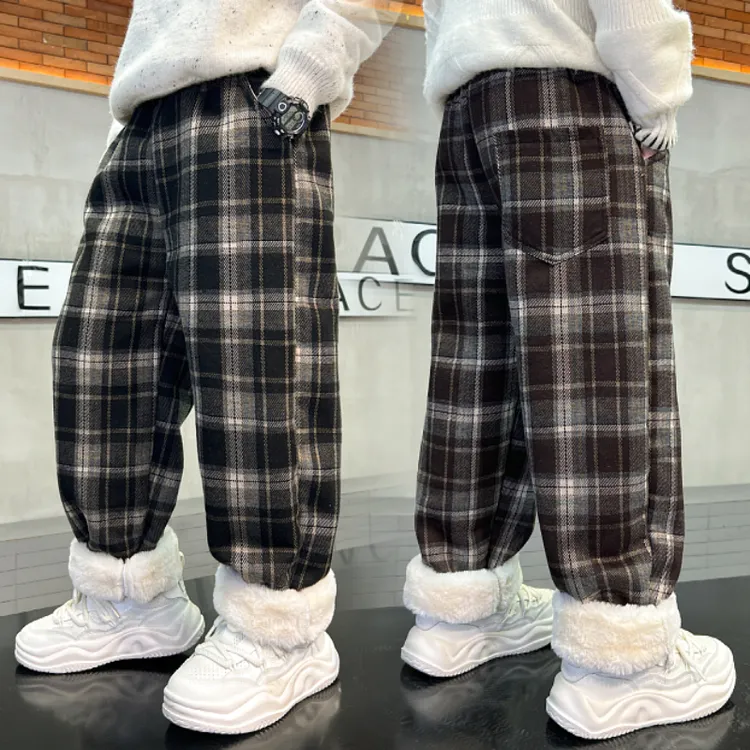 巨厚仿兔毛冬季格子特厚加绒复合一体棉裤2024男童亲子款大棉裤帅