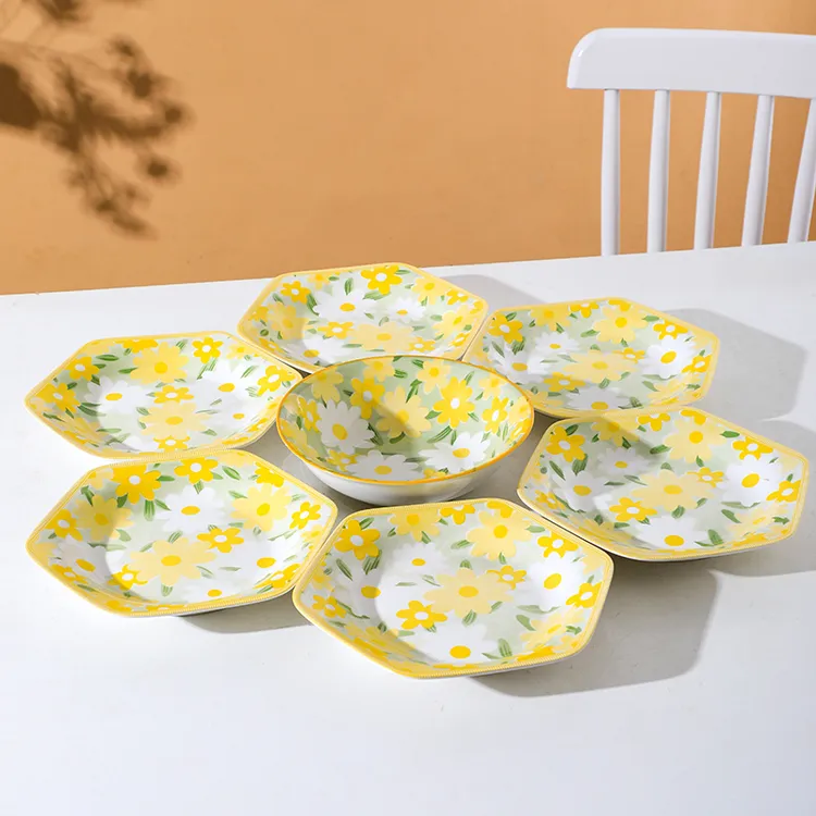 六角拼盘字套装家用组合小雏菊陶瓷菜盘子高颜值碗盘餐具套装