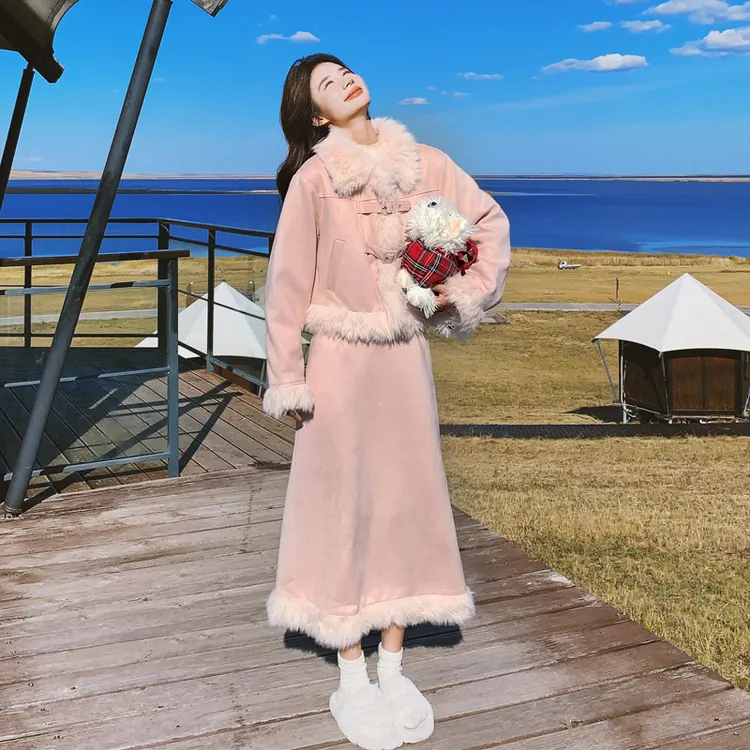 可盐可甜套装裙女2025秋冬新款韩系穿搭粉色麂皮绒夹棉加厚两件套