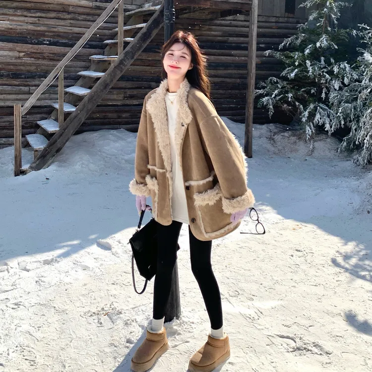 羊羔毛棉服外套女2025冬季新款时尚韩系复古慵懒风皮毛一体机车服