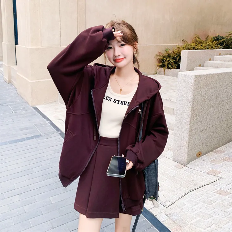 安可拉红卫衣套装裙女2024早秋新款别致独特休闲慵懒风短裙两件套