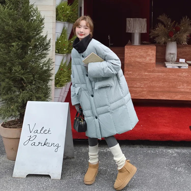 针织拼接立领羽绒服女2025冬季新款韩系高级感中长款白鸭绒面包服