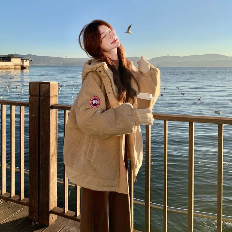 颗粒绒棉服外套女2024冬季新款超好看韩系穿搭复古慵懒风加厚棉衣