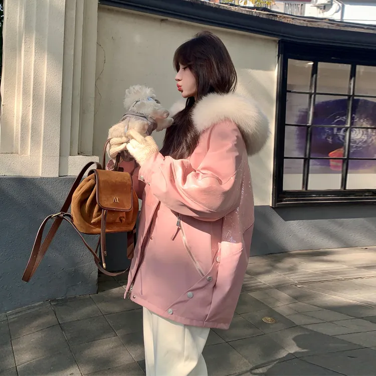 可盐可甜派克服女2024冬季新款韩系氛围感亮片拼接甜美风棉服外套