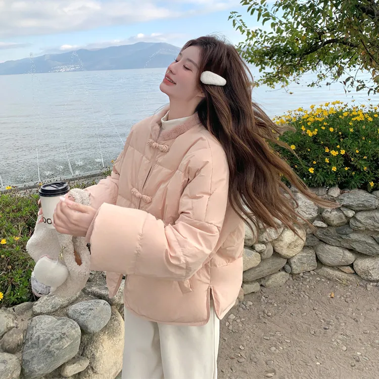 新中式粉色水貂毛保暖羽绒服2025冬季新款国风盘扣白鸭绒厚面包服