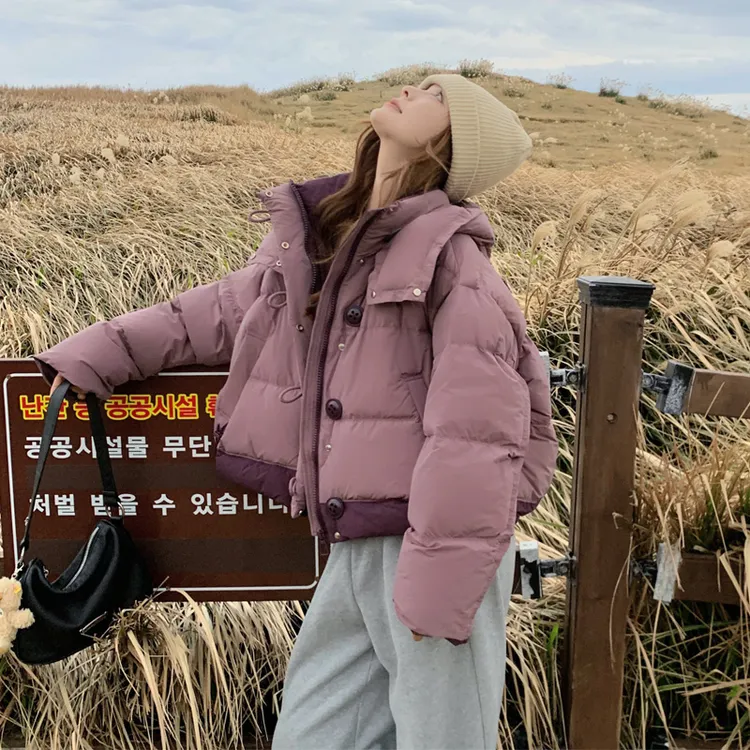 白鸭绒羽绒服女2025冬季新款小个子韩系穿搭氛围感短款连帽面包服