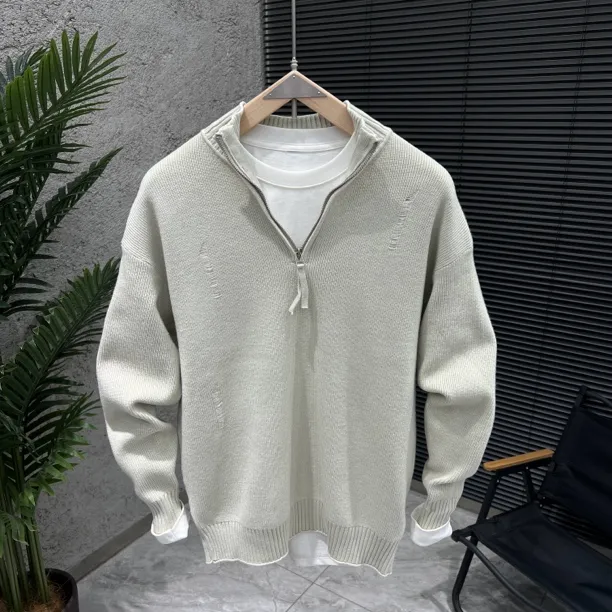 2024冬季新款男士半拉链立领毛衣纯色时尚休闲加厚保暖针织衫上衣