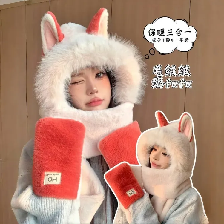 火狐狸耳朵毛绒滑雪帽子围巾一体女冬保暖护耳骑行手套围脖三件套