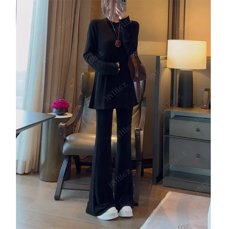 HNIH石艺2024秋季新款高弹显瘦宽松开叉长袖运动80702休闲套装