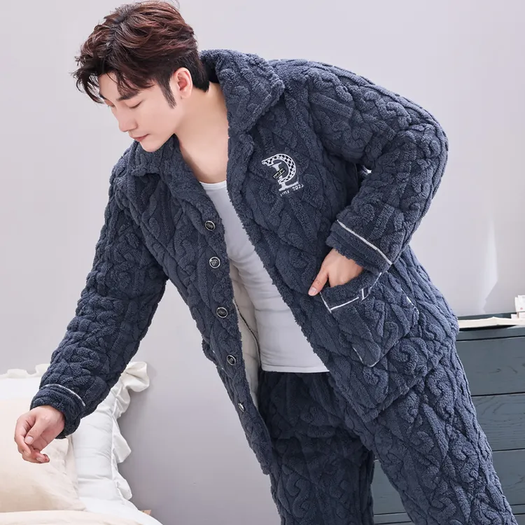 睡衣男士冬季三层加厚珊瑚绒夹棉保暖加绒法兰绒家居服套装秋冬款