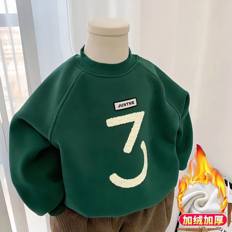 秋冬季儿童加绒加厚童装保暖卫衣中小童宝宝休闲上衣潮流团长圆领