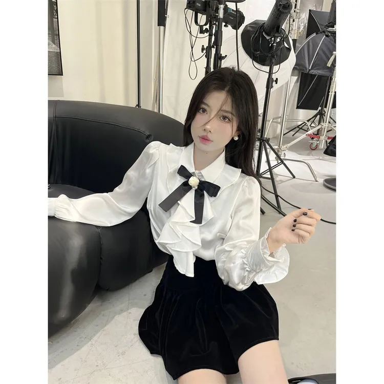 2024新款甜美法式设计感蝴蝶结长袖衬衫女秋季荷叶边外穿别致上衣