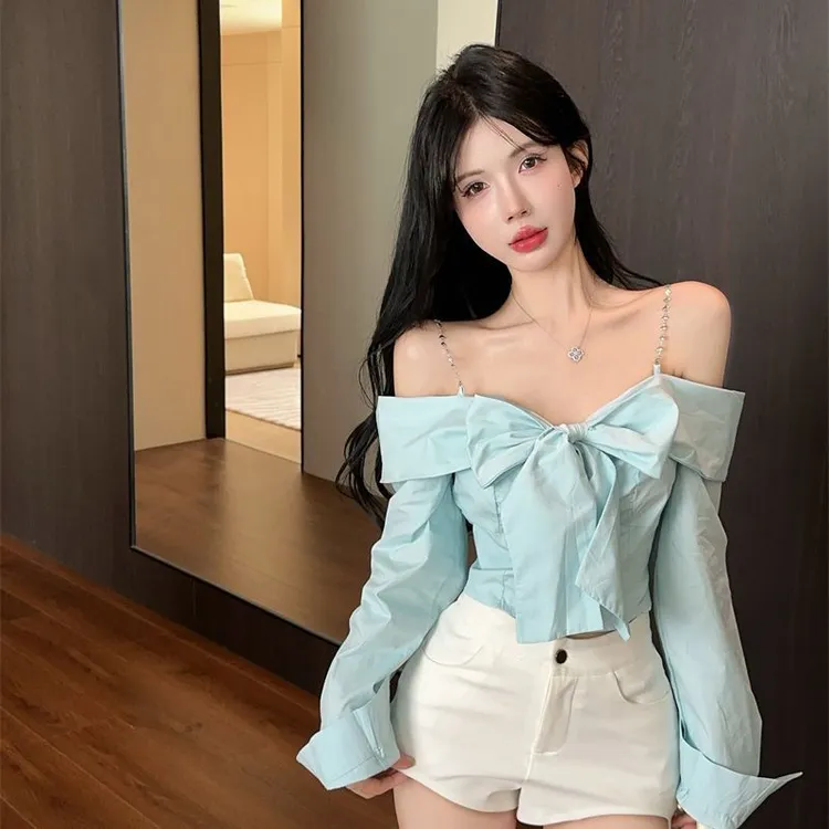 纯欲风辣妹一字蝴蝶结吊带衬衫2024秋季新款性感短款长袖衬衣套头