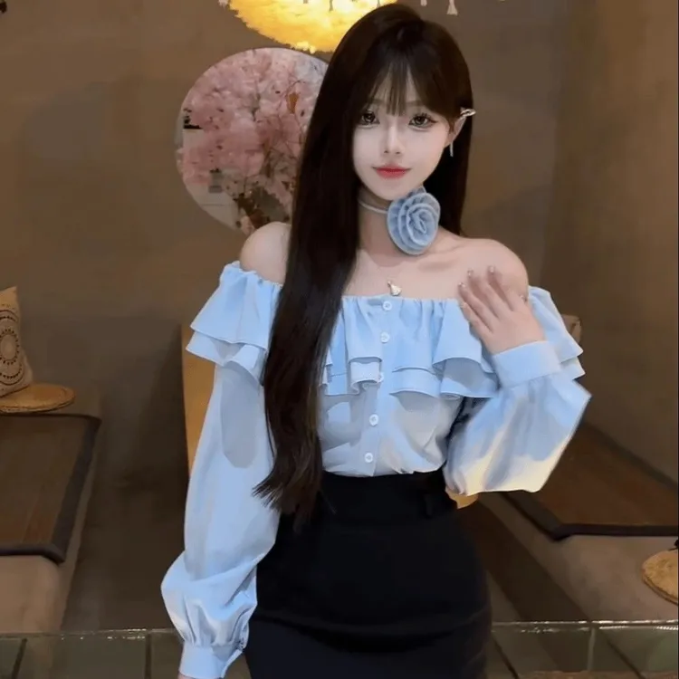 法式甜美一字肩荷叶边衬衫女秋季新款小众设计感显瘦百搭露肩上衣