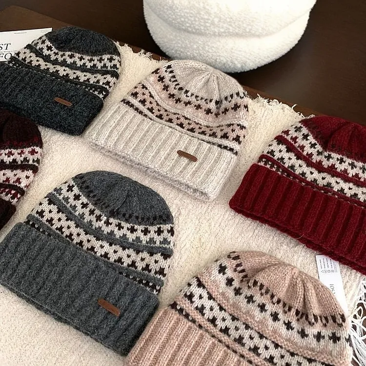 羊毛混纺毛线帽女秋冬季防寒保暖加厚韩系复古时尚提花秋冬帽子