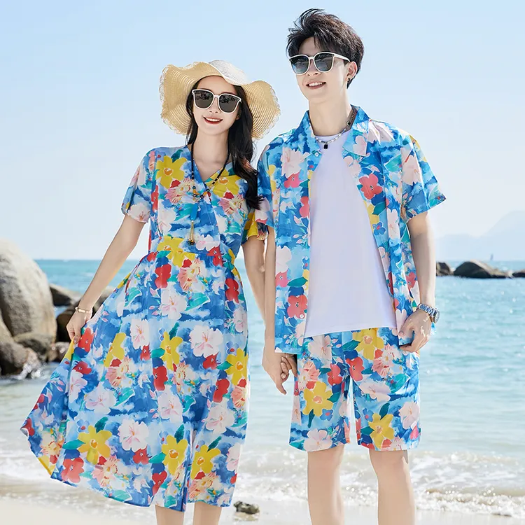 出游穿搭情侣装夏装男短袖衬衫短裤沙滩套装每边度假女连衣裙亲子