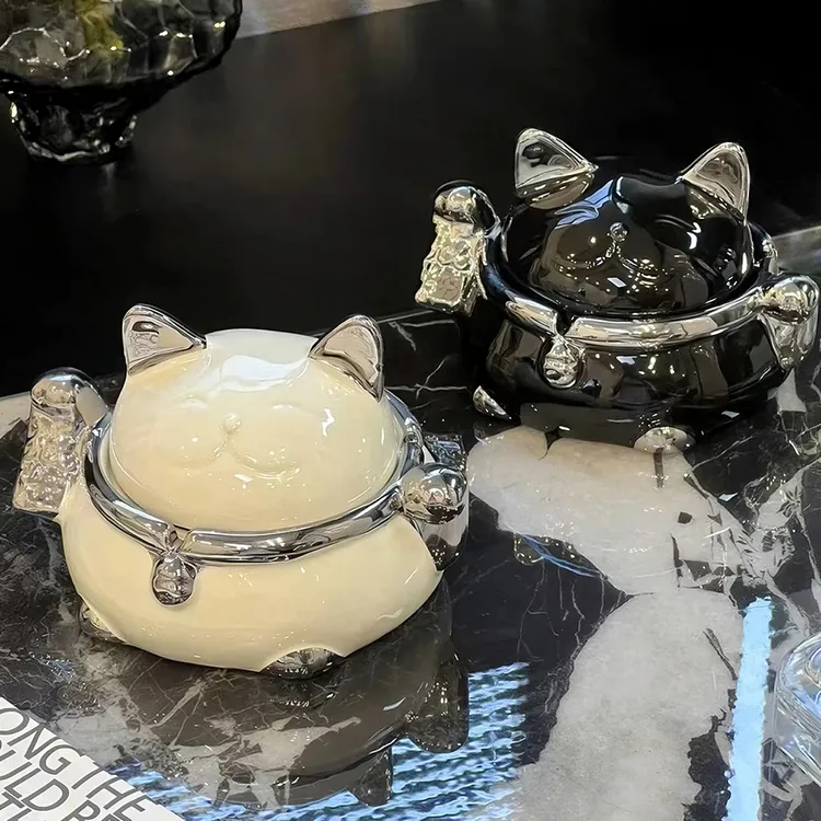 轻奢招财猫烟灰缸带盖防飞灰创意个性客厅家用办公室烟缸高级A791