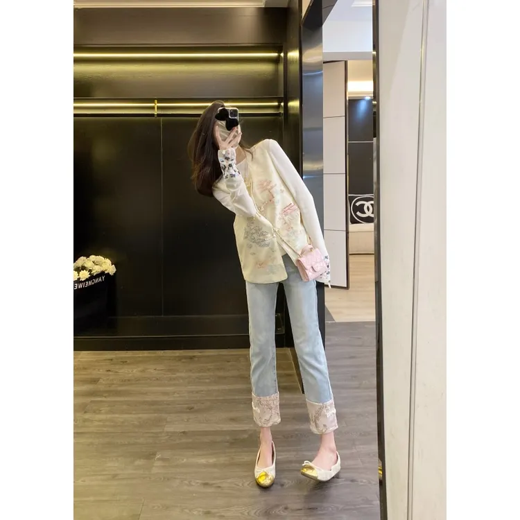 2024春季新款时尚高级感新中式女装国风马甲内搭牛仔裤三件套--苏