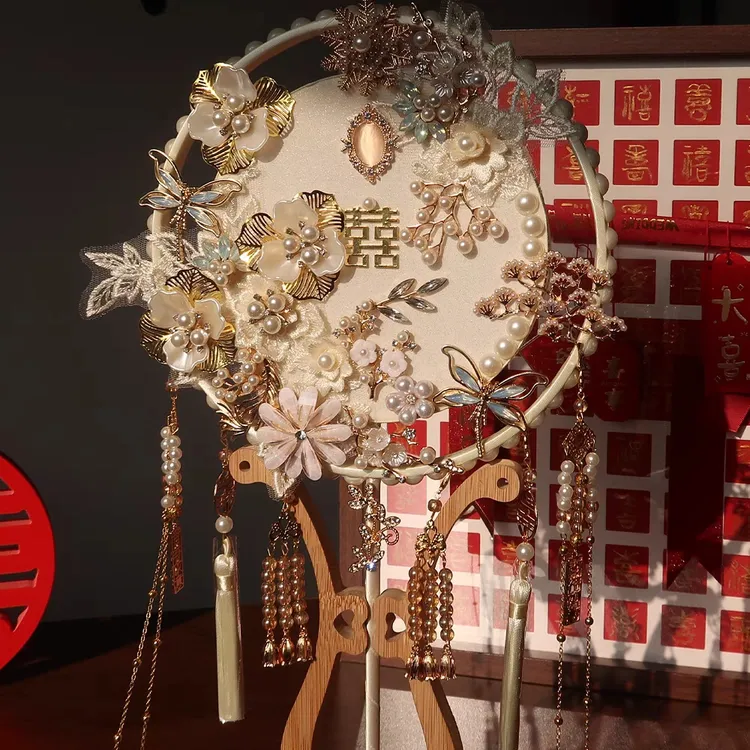 新娘结婚手工团扇香槟色成品新娘接亲喜扇展示尺寸结婚闺蜜伴手礼