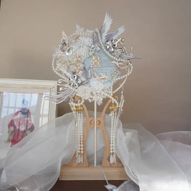 蓝色双面结婚团扇送闺蜜伴手礼中式秀禾服喜扇手工diy材料包成品