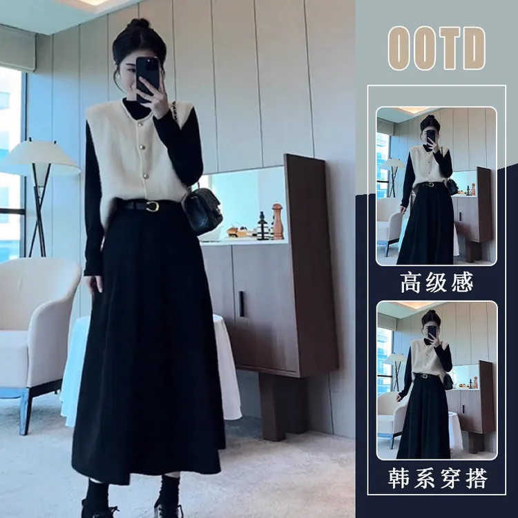 韩系慵懒风休闲套装女2025春秋新款打底上衣针织马甲半身裙三件套