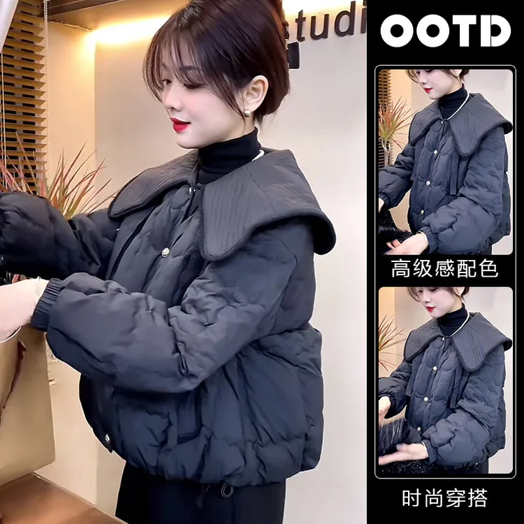 复古港风气质宽松百搭休闲棉衣外套女春秋时尚娃娃领显气质棉服潮