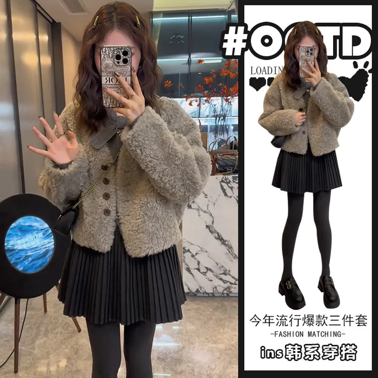 春秋港味洋气保暖外套别致针织毛衣高腰百褶短裙复古气质一整套潮