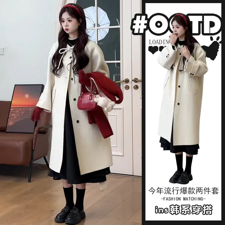 欧货穿搭套装女春秋时尚气质宽松中长款大衣+黑色气质显瘦连衣裙
