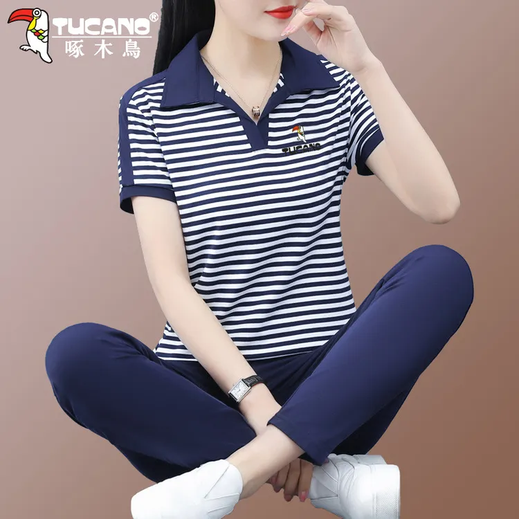 【官方】啄木鸟纯棉休闲运动套装女士夏季宽松条纹时尚妈妈两件套