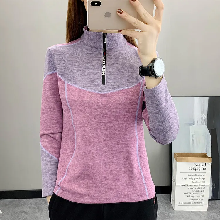 德绒长袖t恤女秋冬季加绒打底衫徒步运动跑步户外透气立领速干衣